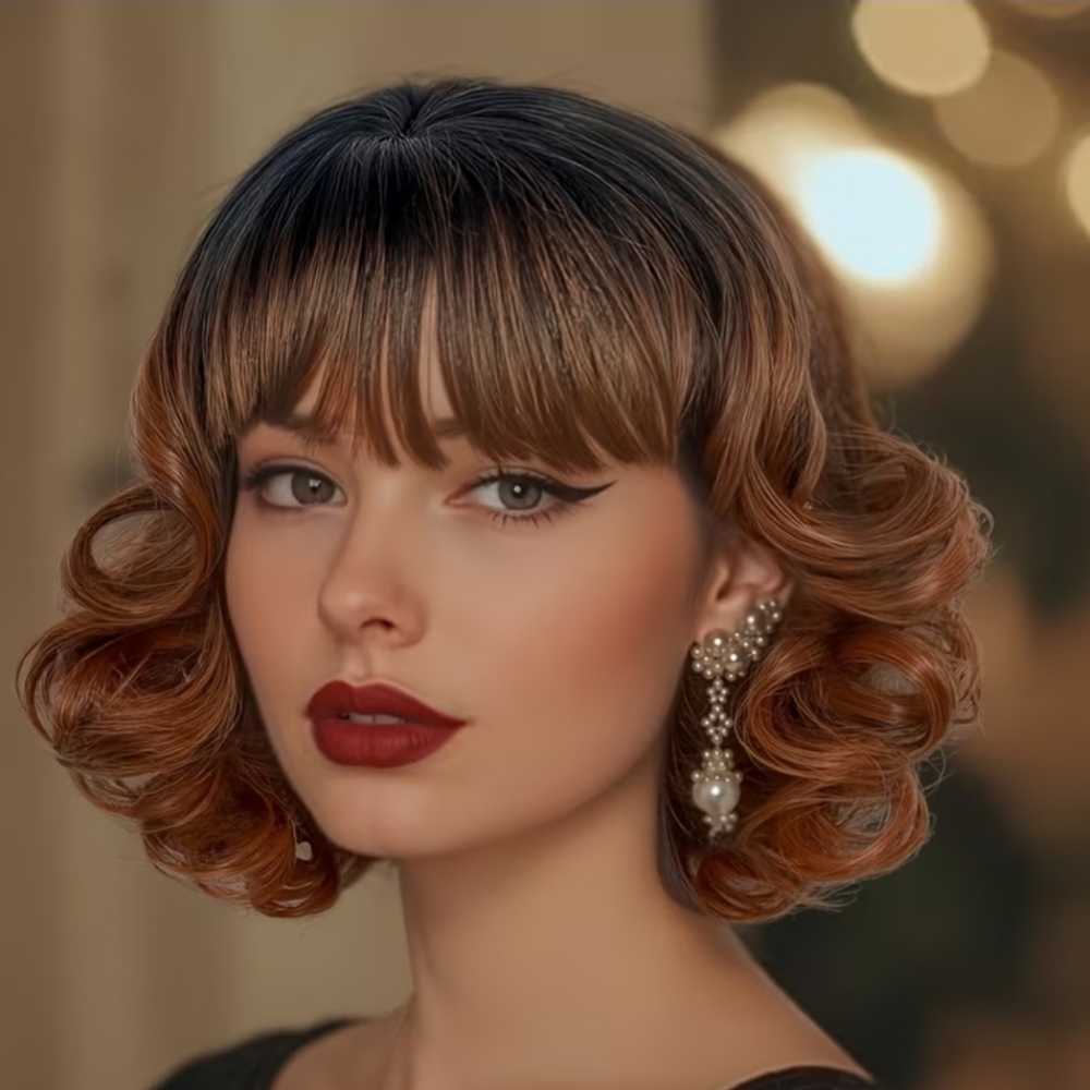 10 Inch Brown Loose Curly Synthetic Bang Hair Wig